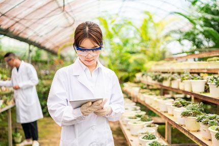 Female Bioscientist working plants